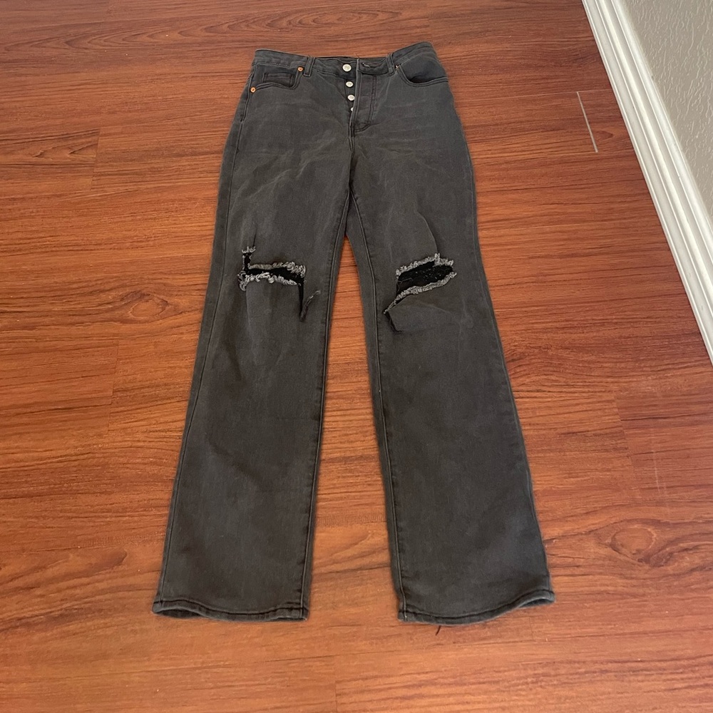 Black ripped high-waisted wide-legged jeans